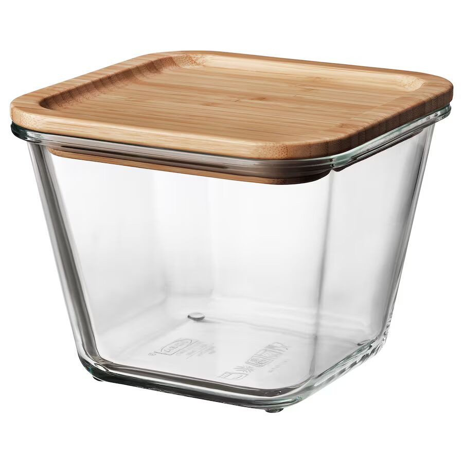 Food container with lid, square glass/bamboo, 1.2 l
