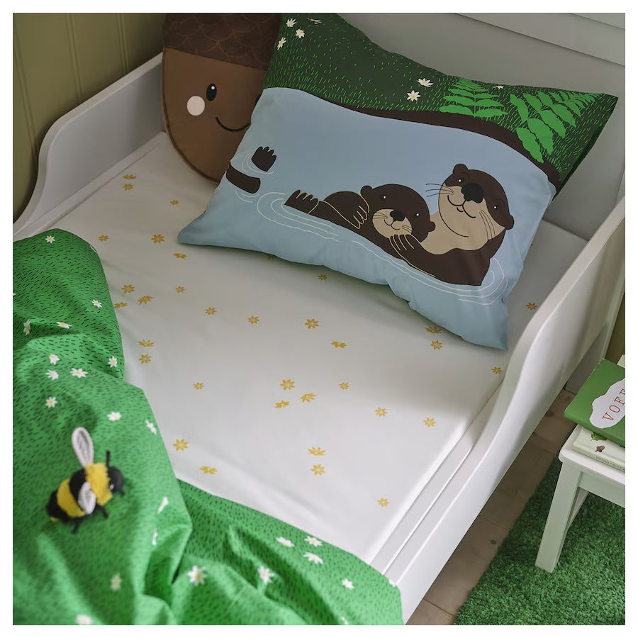 SKOGSDUVA Fitted sheet, white yellow/flower pattern, 90x200 cm