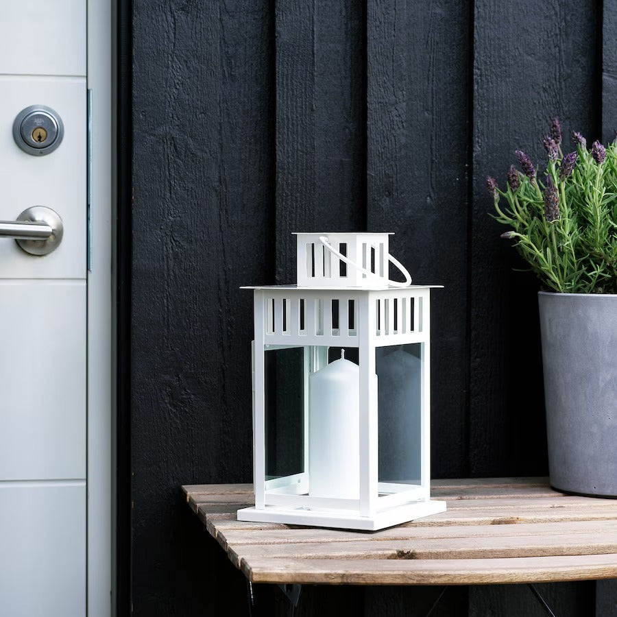 BORRBY Lantern for block candle, in/outdoor white, 28 cm