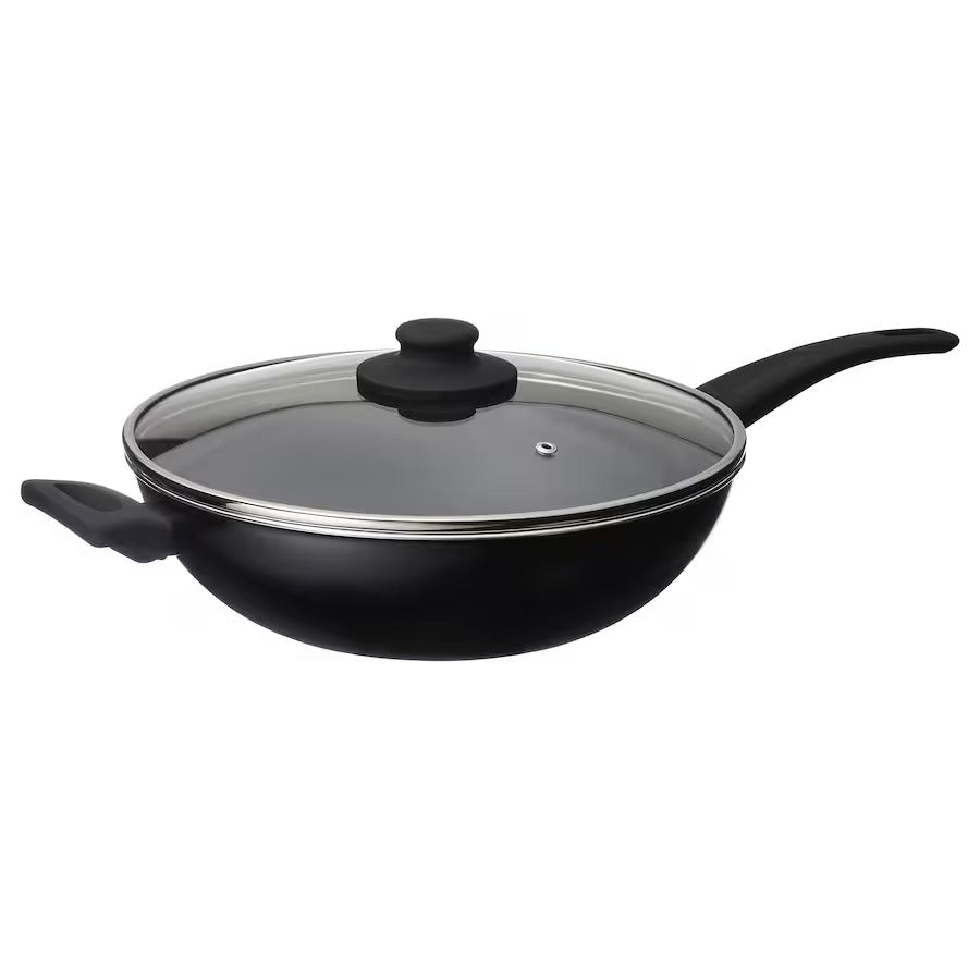HEMLAGAD Wok with lid, non-stick coating black, 28 cm