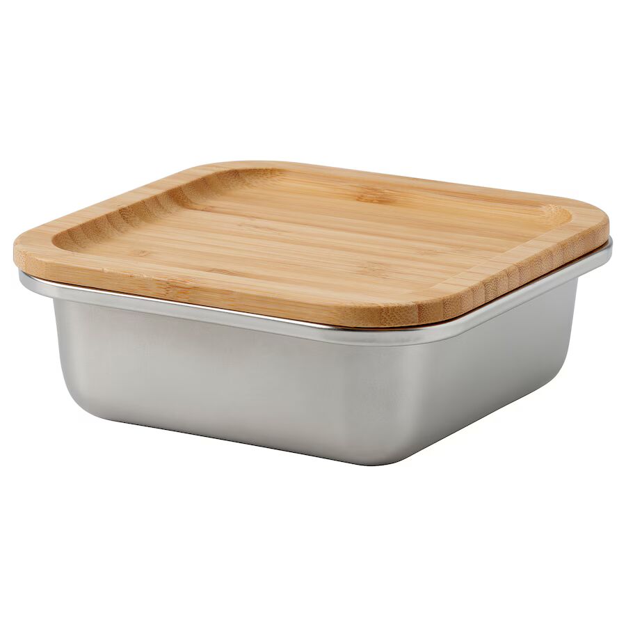 Food container with lid, square stainless steel/bamboo, 600 ml
