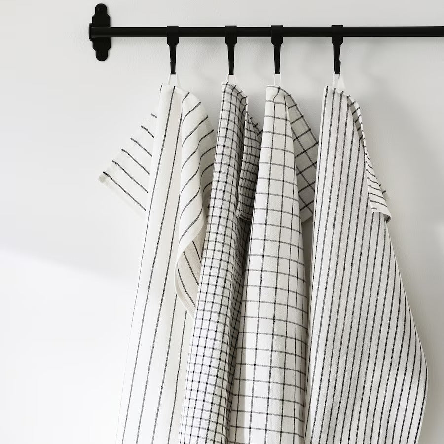 RINNIG Tea towel, white/dark grey/patterned, 45x60 cm